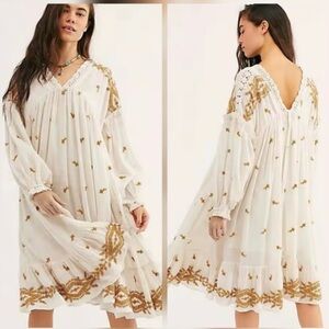 Free People Cream Lavender Fields Embroidered Trapeze Midi Dress small